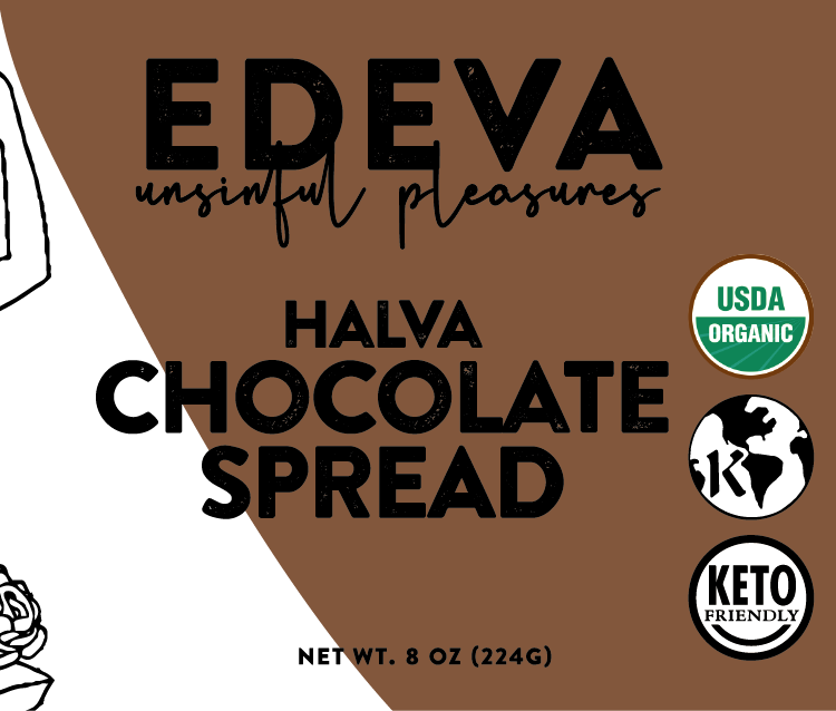 EDEVA Halva Chocolate Spread packaging with USDA Organic, KF (Keto Friendly), and organic certification logos