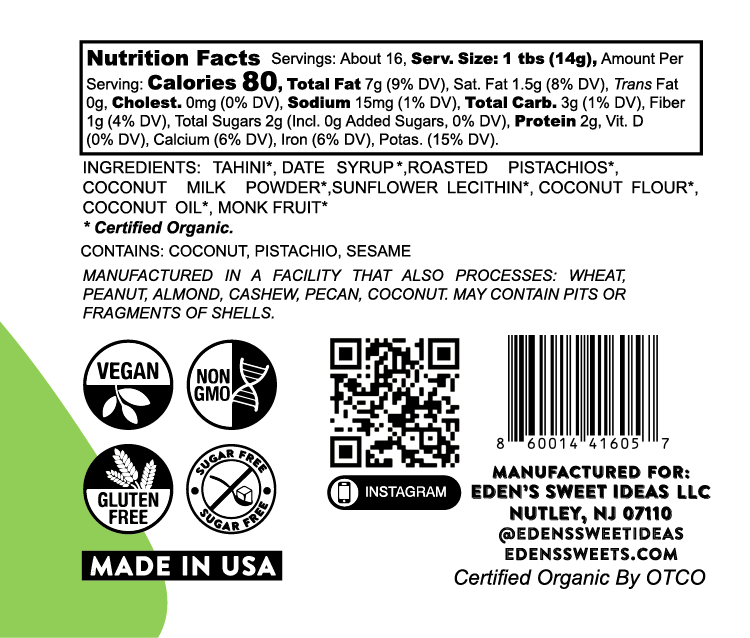 Nutrition facts label and ingredients list on a product packaging with certification logos