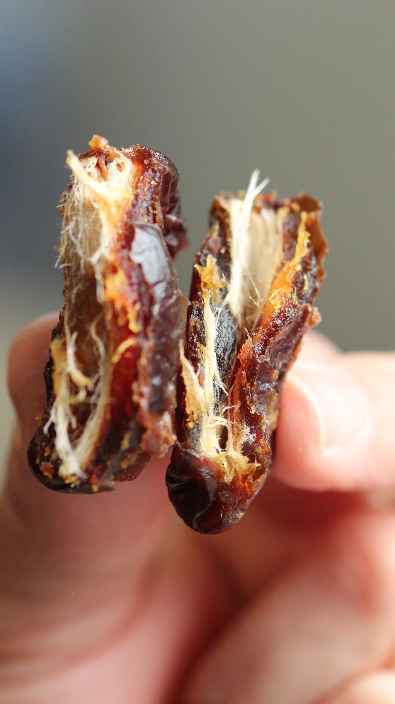 A fresh date torn open to reveal its sticky, fibrous center
