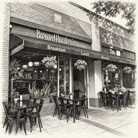 Graphite sketch of Brewed Awakening's brick storefront at 417 Main Street in Metuchen, with awning, hanging flowers and sidewalk tables.
