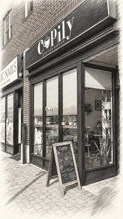 Sketch illustration of Cupily Coffeehouse in Nutley, New Jersey