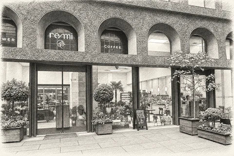 Monochrome sketch of Remi Flower & Coffee at 130 William Street, with arched windows and sidewalk planters.