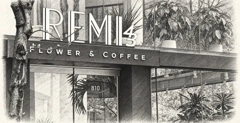Partial monochrome sketch of REMI43’s plant-filled upper entrance and signage at 810 2nd Avenue.