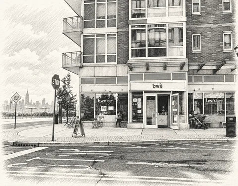 Graphite-style sketch of Bwè Kafe in Newport, Jersey City, with glass doors, sidewalk seating and waterfront skyline.