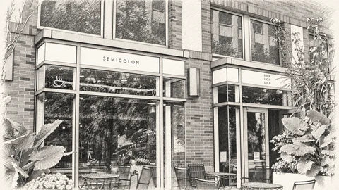 Graphite-style sketch of Semicolon Cafe’s partial brick-and-glass frontage in Jersey City, framed by large leafy planters.