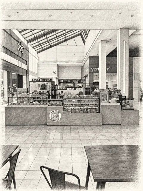 Graphite-style sketch of Sweet Kitchen’s indoor Garden State Plaza kiosk, with pastry counter, mall skylight and Verizon storefront behind.