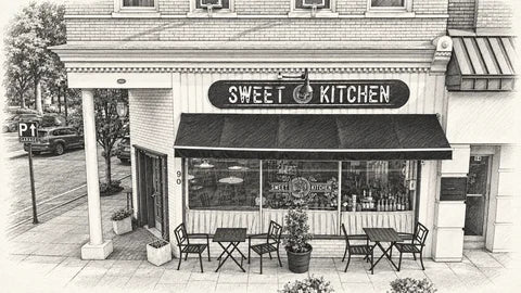 Graphite-style sketch of Sweet Kitchen at 90 E Ridgewood Avenue, with a broad awning, left entrance and sidewalk tables.