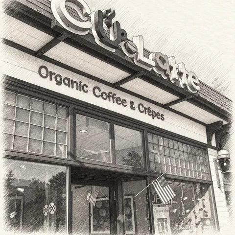 Graphite sketch of C U Latte’s partially cropped facade, rooftop letters, glass-block windows and an American flag, based on its July 2019 photograph.