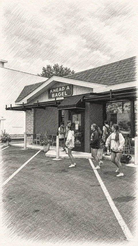 Graphite sketch of Knead A Bagel’s partial storefront with its gable sign, pergola, bollards and people crossing the parking area.
