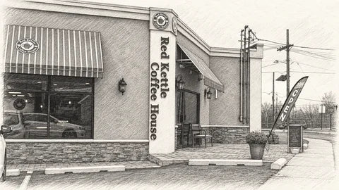Graphite sketch of Red Kettle Coffee House’s corner storefront with its vertical sign, striped awnings, chair, planter and roadside flag.