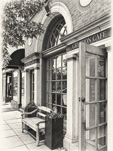 Graphite-style sketch of Gryphon Cafe in Wayne, with its arched fanlight, open wooden door, bench and tall planters.
