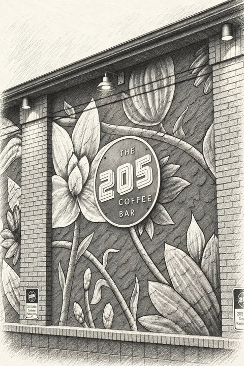 Graphite-style sketch of The 205 Coffee Bar’s partial botanical mural wall, circular sign, brick piers and three overhead lamps.
