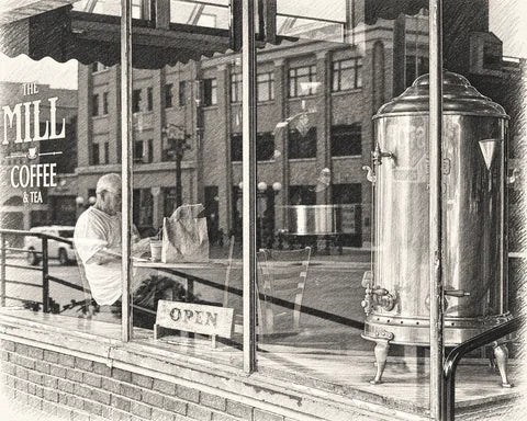 Graphite-style sketch of The Mill’s Haymarket window, with partially cropped lettering, reflected brick buildings, a seated customer and antique coffee urn.