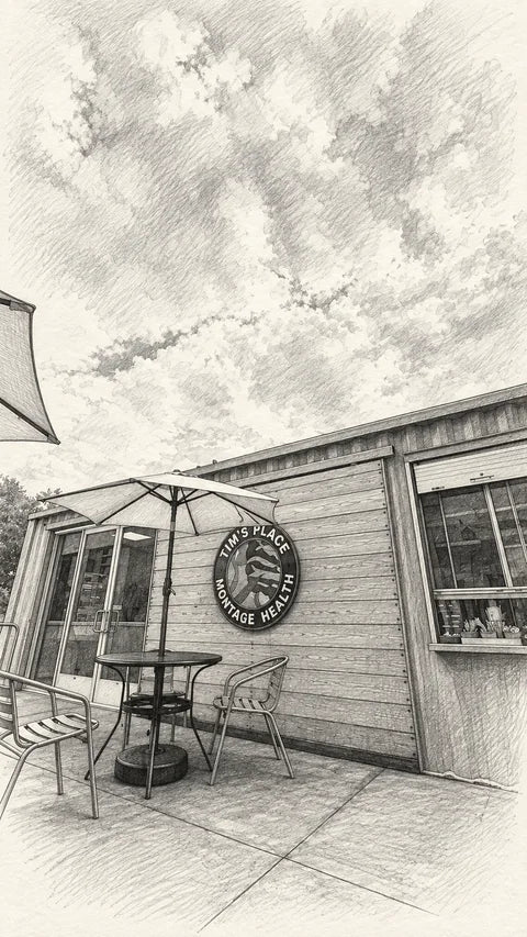Graphite-style sketch of Tim’s Place at Montage Health, showing a partial container front, circular emblem, umbrella, patio table and cloudy sky.