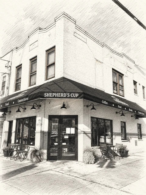 Monochrome sketch of Shepherd’s Cup’s two-story corner cafe with a wraparound awning and sidewalk seating.