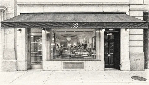Graphite sketch of Café Bilboquet’s awning with script B, glass entrance and display window, based on its archival exterior photo.