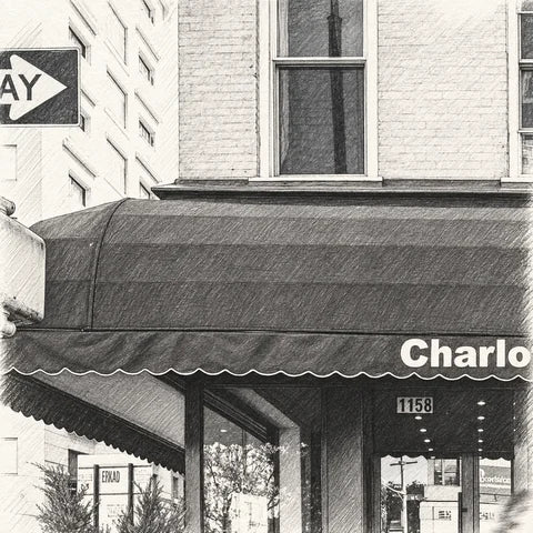 Partial graphite sketch of Charlotte Cafe’s scalloped awning and cropped lettering, with 1158 above the entrance.