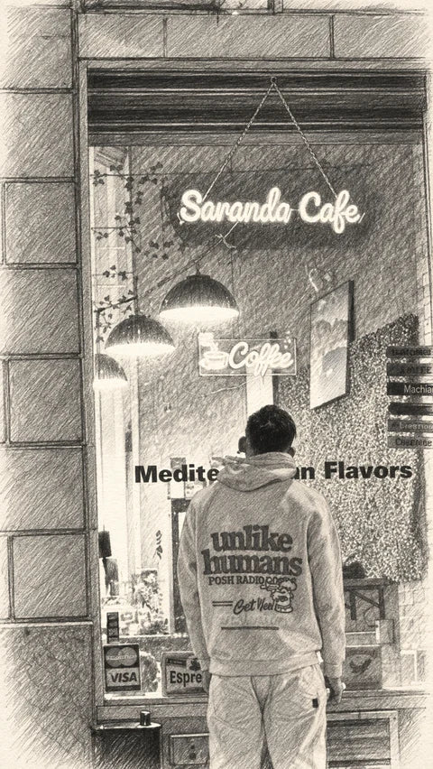 Graphite sketch of Saranda Cafe’s partial street-side window, with hanging cafe sign and a back-facing person in a light hoodie.