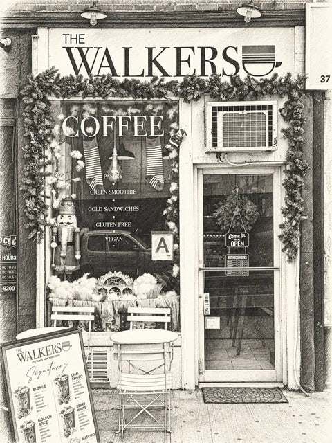 Graphite sketch of The Walkers Espresso storefront at 37 7th Avenue, retaining photographed holiday garlands, stockings and patio seating.