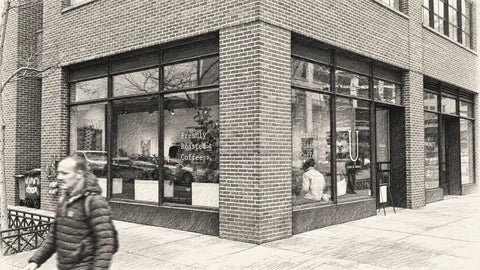 Graphite sketch of Urbana Cafe and Gallery’s brick corner storefront at 144 10th Avenue, with wrapping windows and a foreground pedestrian.
